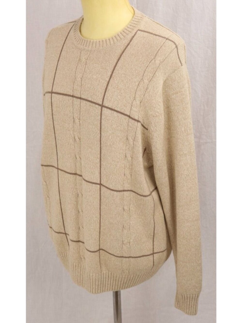 Eclectic Grandpa Dockers Sweater Men L Beige Cable Knit Pullover Brown Plaid VTG - Picture 2 of 12